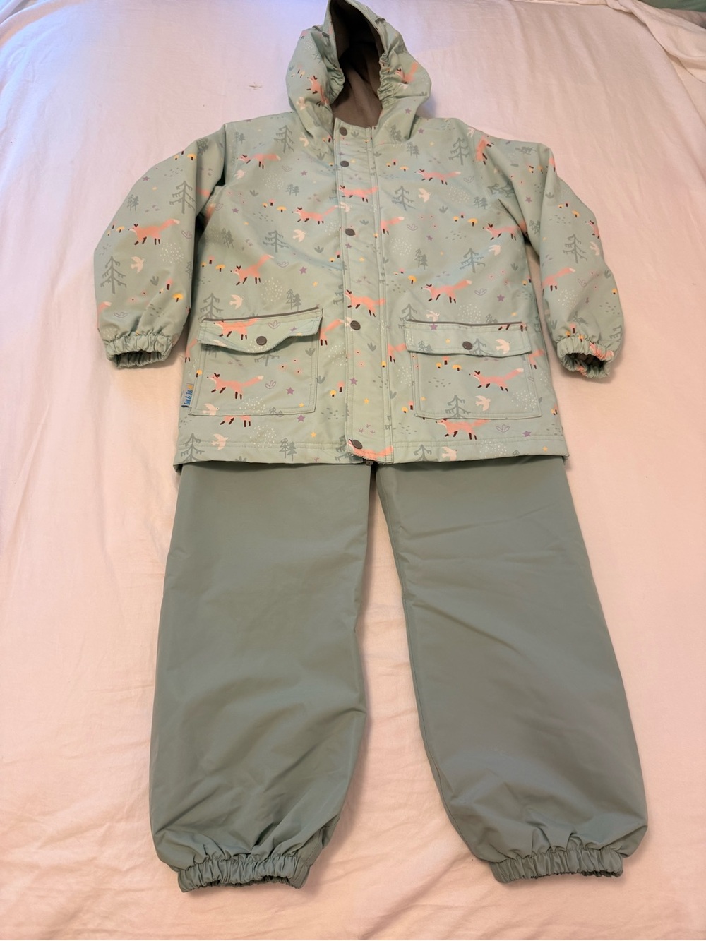 Jan and Jul Hooded Two-Piece Rain/Snow Set in Mint with Fox Print